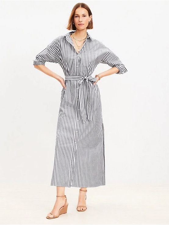 Loft Striped Poplin Belted Pocket Shirtdress Size L Petite 2024